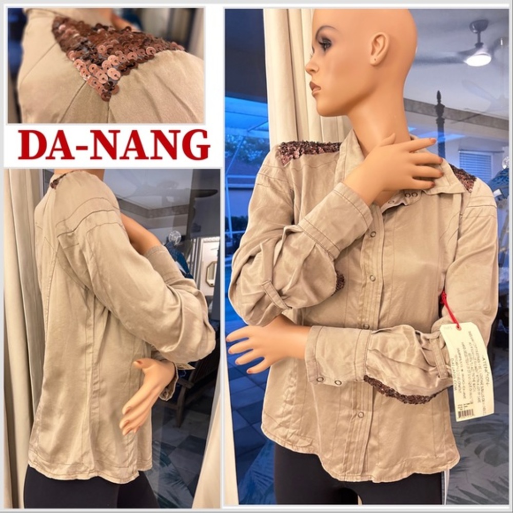 NEW DA-Nang Tan 100% Silk & Bronze Sequin Top Size Small